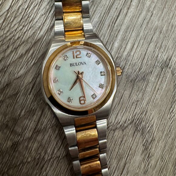 Bulova Diamond Women\'s Two Tone Rose Gold Mother of Pearl 26mm Watch main image 6
